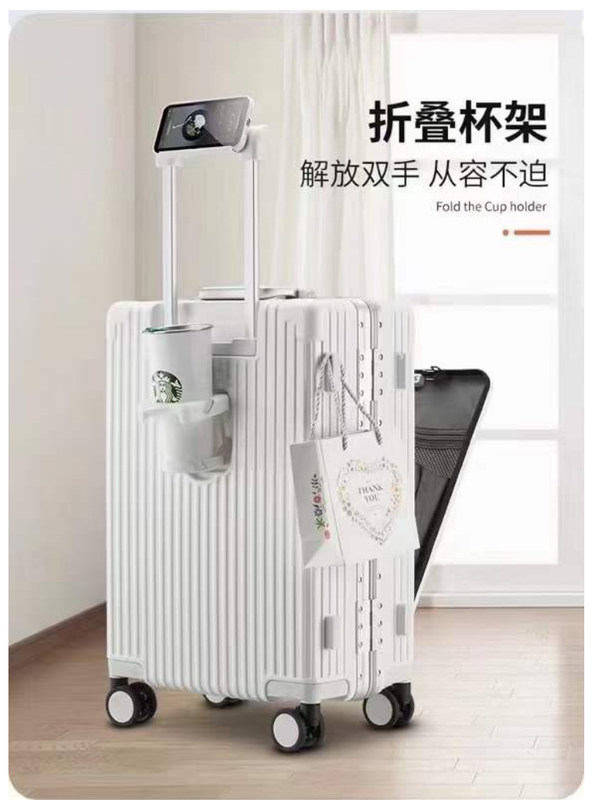 24-дюймовый чемодан передний открытый твердый алюминиевый каркас с USB-портом для зарядки TSA Lock Cup Holder And Medium Phone Holder
